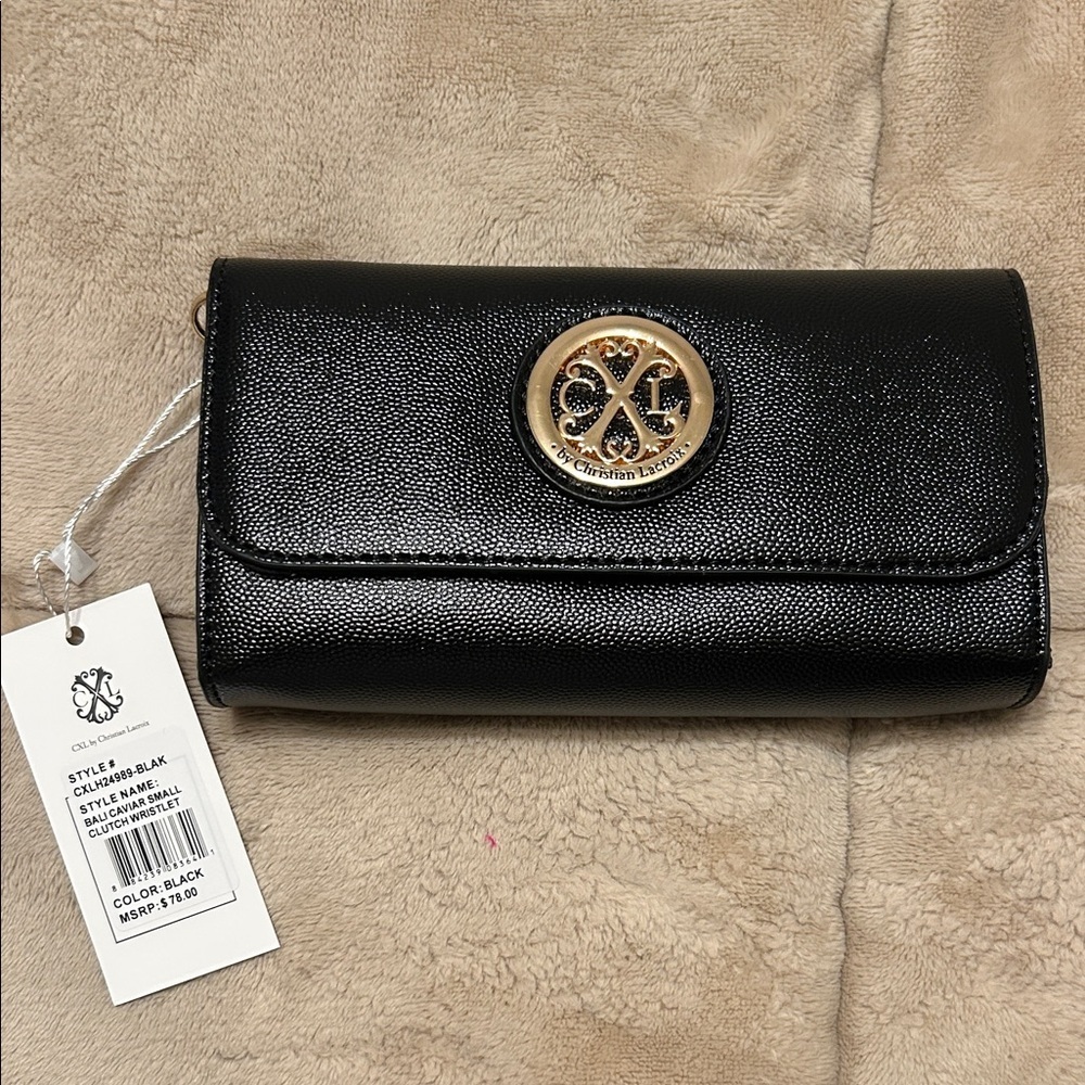 NEW Christian Lacroix Bali Caviar Small Black Clutch with Gold CXL